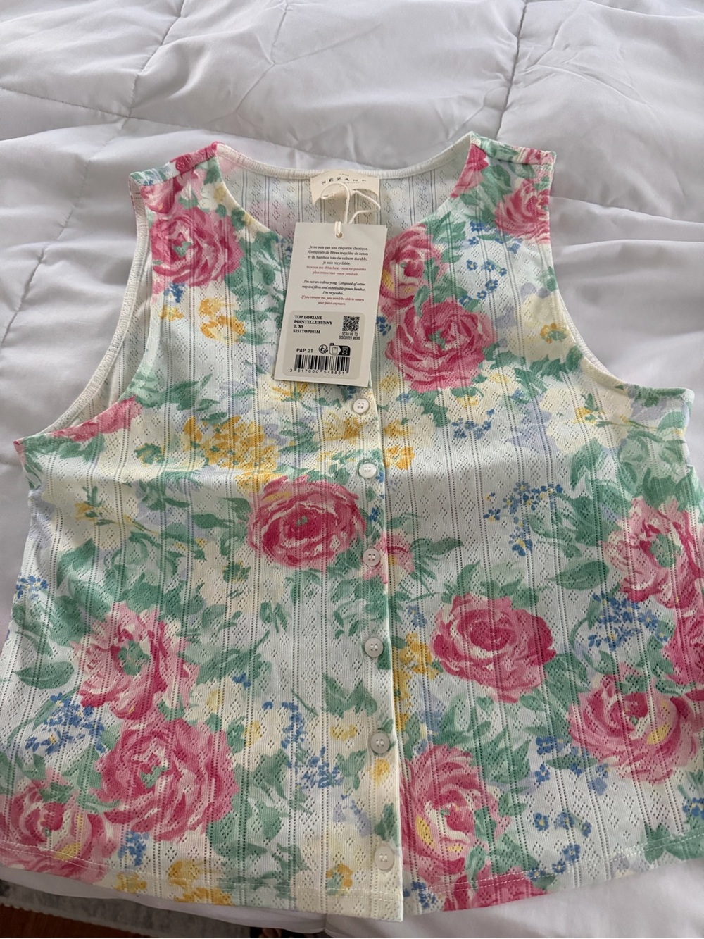 Sezane Floral Button-Front Tank Top in Pink, Green, Yellow on Cream